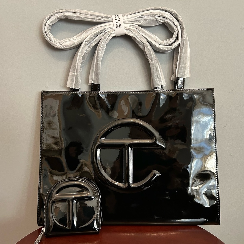 TELFAR Medium Shopping Bag & Matching Wallet in Black Patent